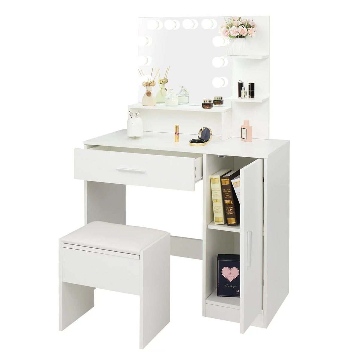 White Vanity Set with Lighted Mirror, Stool and Storage Shelves S892758