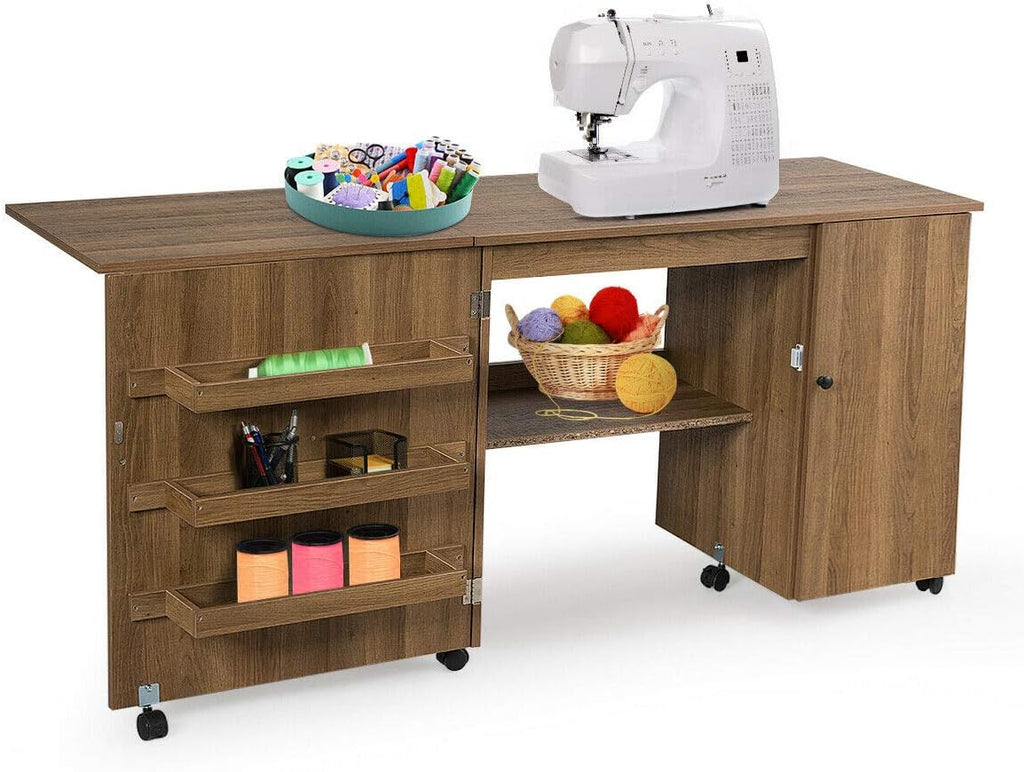 Folding Sewing Craft Table with Storage Cabinet and Wheels Natural A4565
