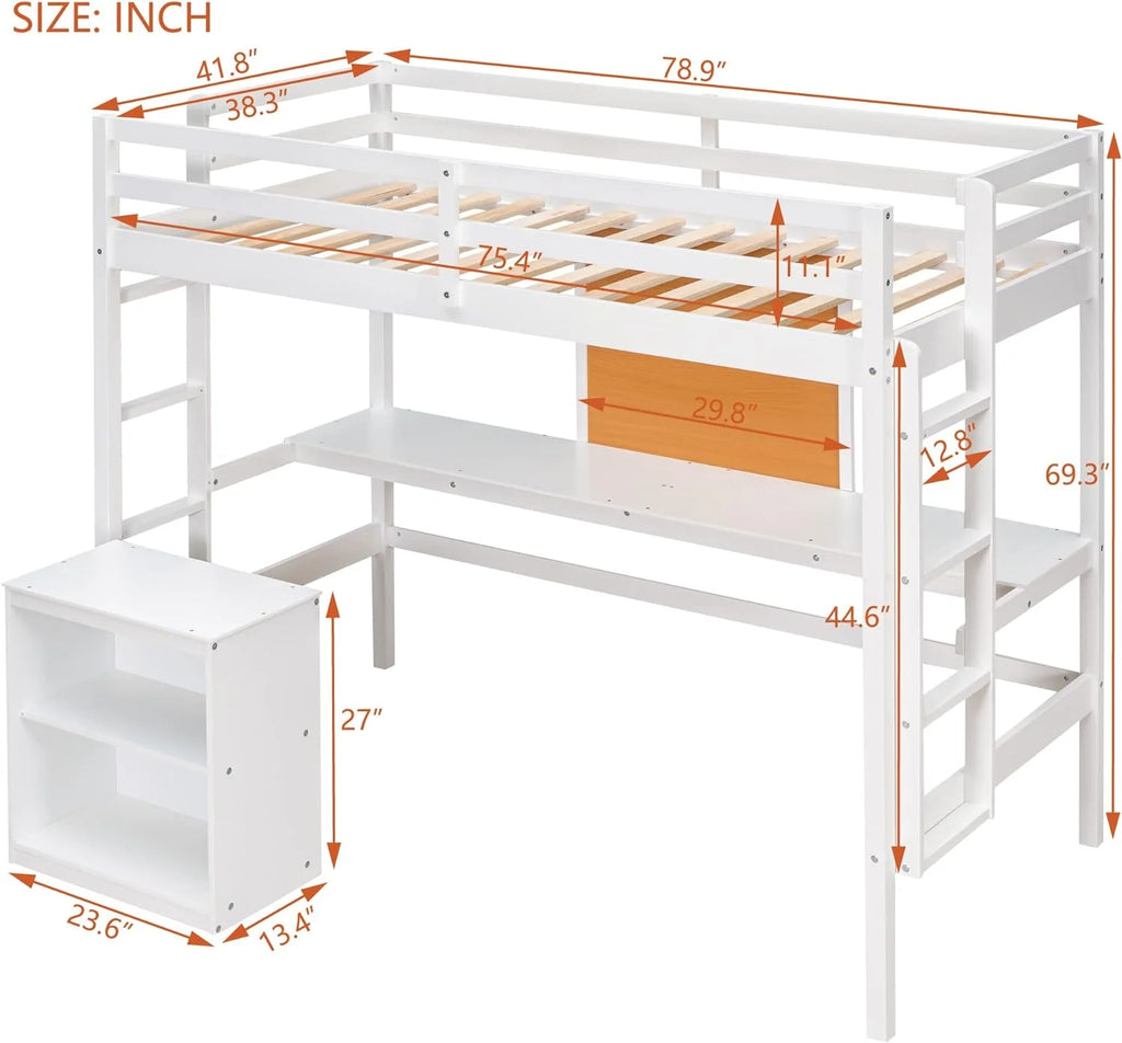 White Wood Loft Bed with Desk and Storage N8461