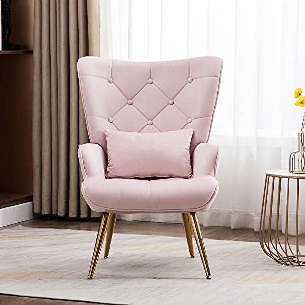 Velvet Buttoned Accent Arm Lounge Chair with Golden Plated Metal Legs & Pillow High Wingback Chair E990567