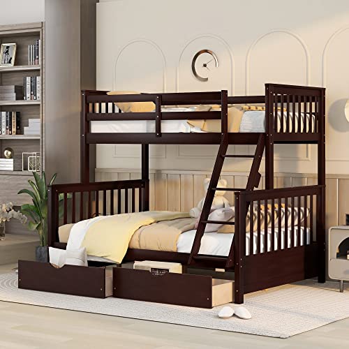 Full Over Full Wood Bunk Bed with Twin Trundle and 4 Drawer E2392