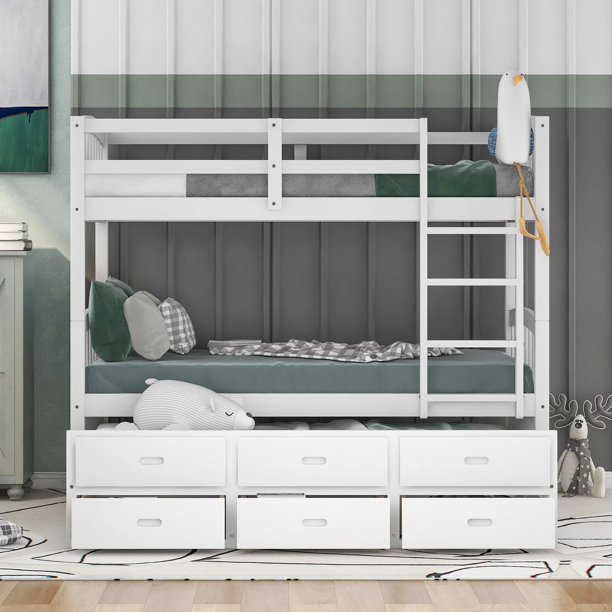 Twin over Twin Wood Bunk Bed with Trundle and Drawers I56986
