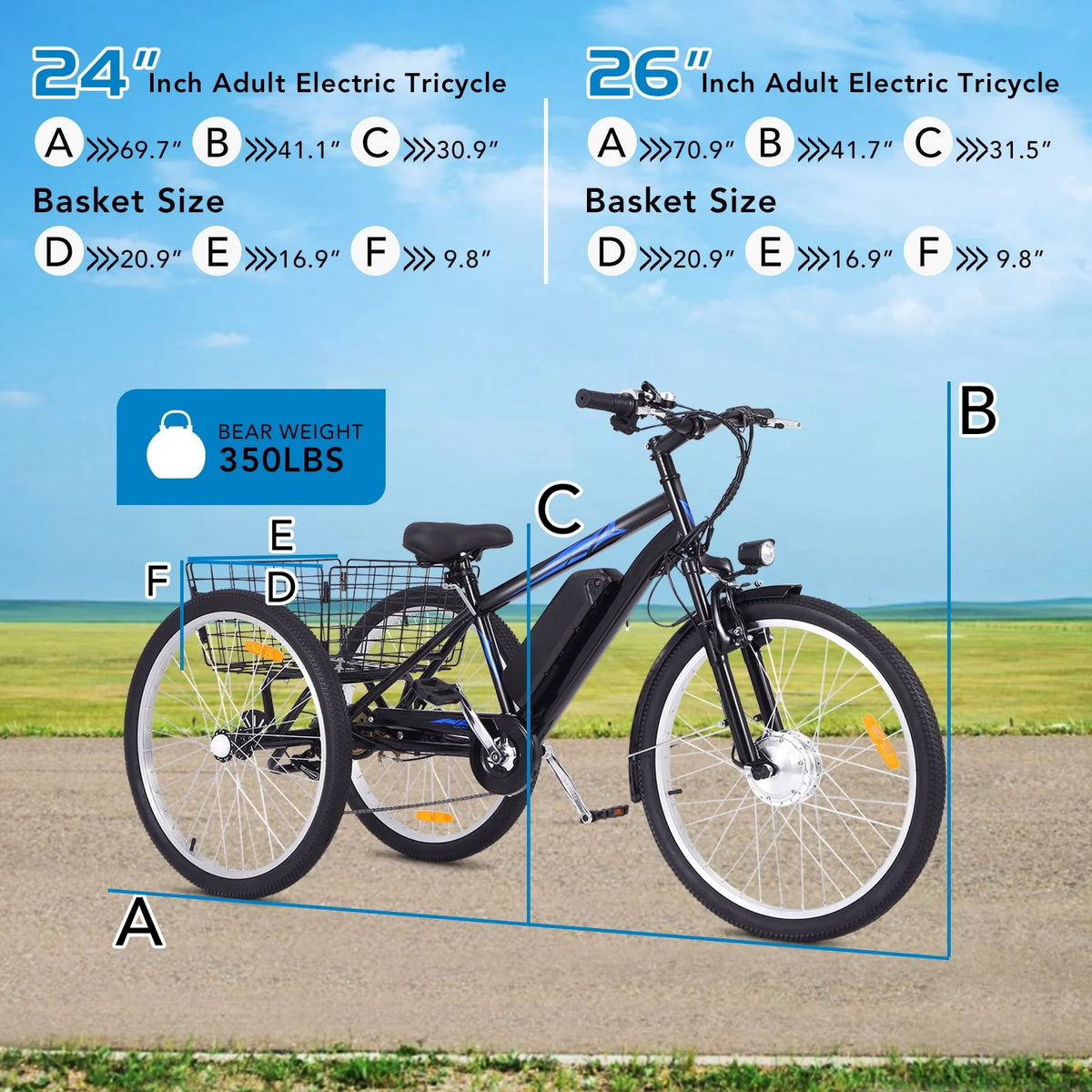 Electric Tricycle 24 7 Speeds 3 Wheels Blue F6037