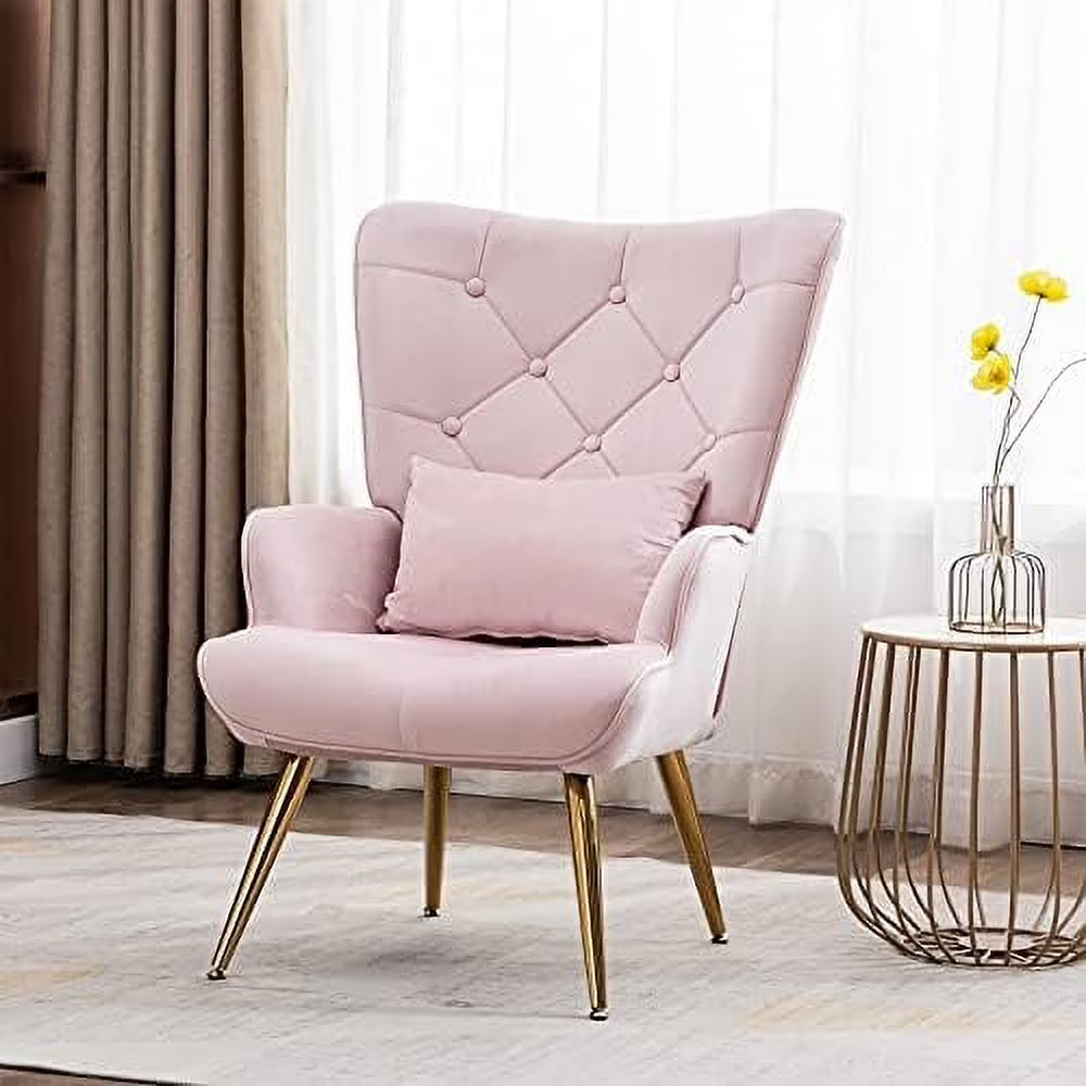 Velvet Buttoned Accent Arm Lounge Chair with Golden Plated Metal Legs & Pillow High Wingback Chair E990567