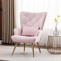 Velvet Buttoned Accent Arm Lounge Chair with Golden Plated Metal Legs & Pillow High Wingback Chair E990567