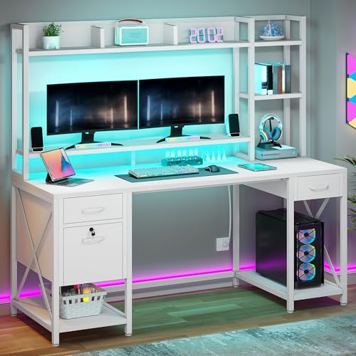 Rustic Brown Computer Desk with Drawers and Hutch K131829