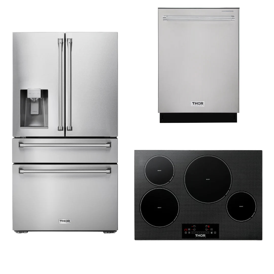 30 Induction Cooktop, Refrigerator with Water and Ice Dispenser, Dishwasher E707