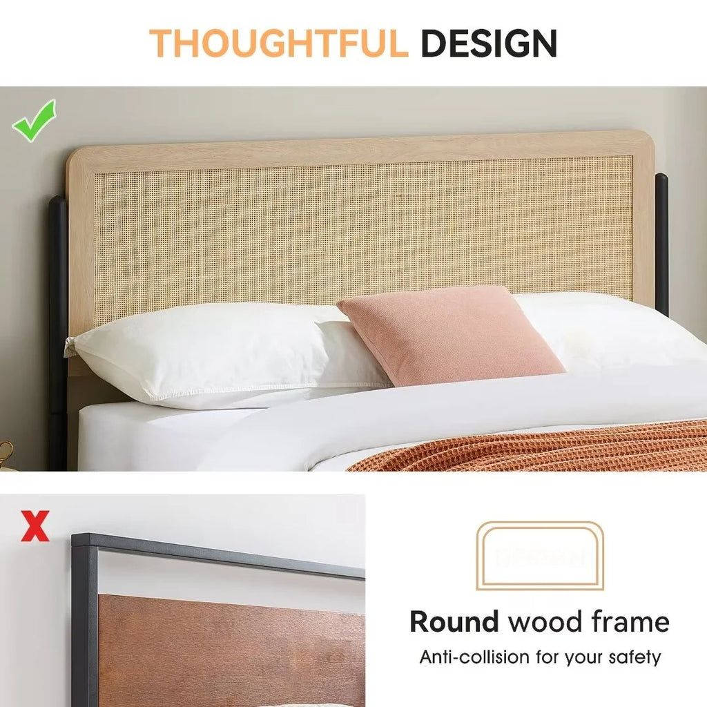 Queen Size Metal Platform Bed Frame with Rattan Headboard M839893