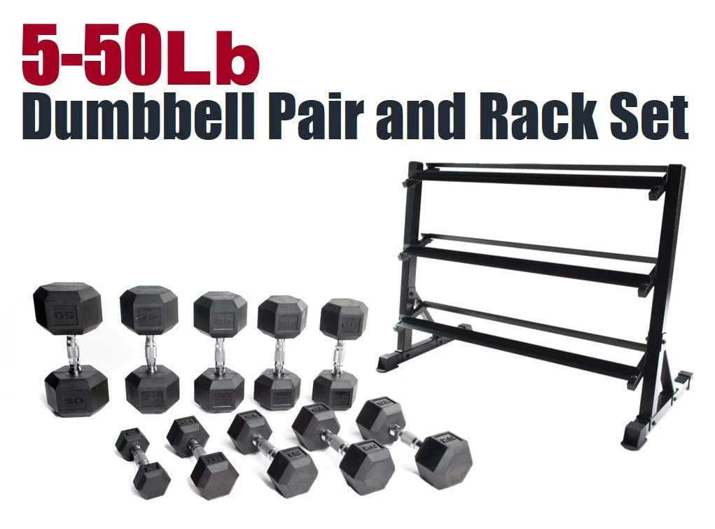 550-Pound Rubber Hex Dumbbell Set with Rack J35867