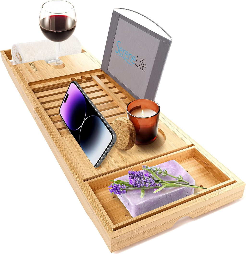 Bamboo Bathtub Caddy Tray with Wine Holder S4582