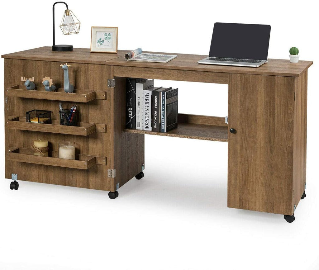 Folding Sewing Craft Table with Storage Cabinet and Wheels Natural A4565
