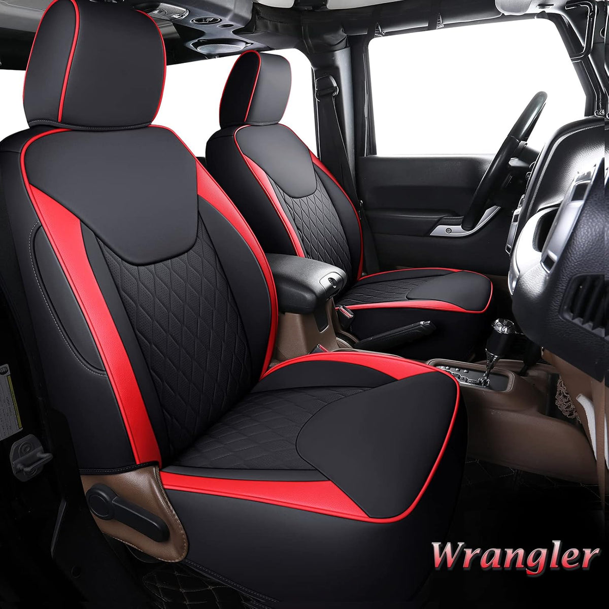 Red 4 Pieces Fabric & Leather Car Seat Covers Full Set Y96606