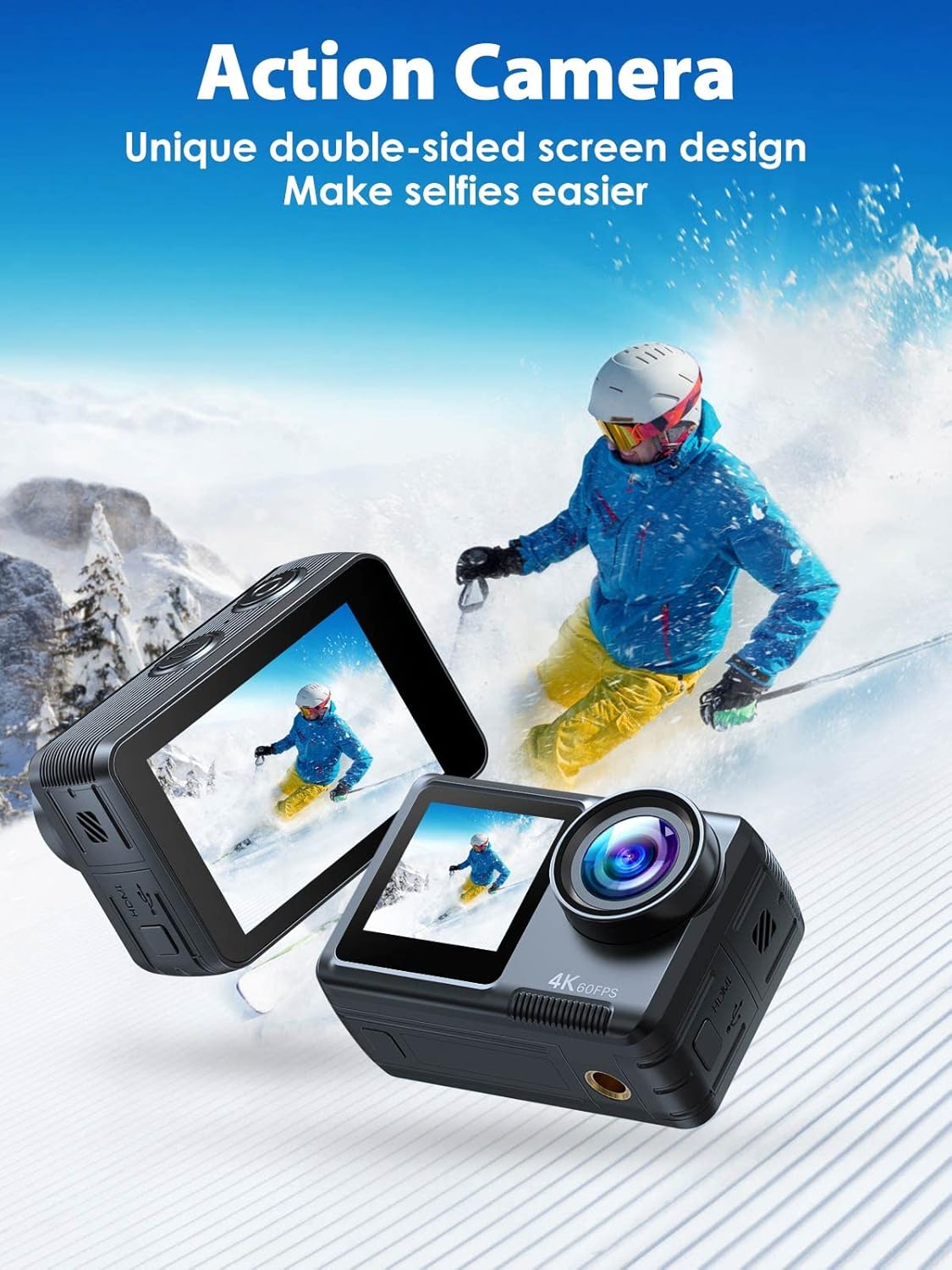 4K 60FPS Dual-Screen Waterproof Action Camera with Touch Screen and 2 Batteries L48933