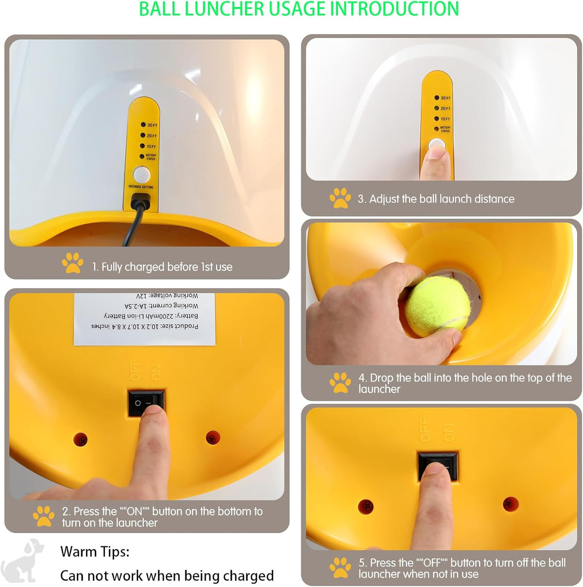 Rechargeable Automatic Dog Ball Launcher with 12 Tennis Balls H363