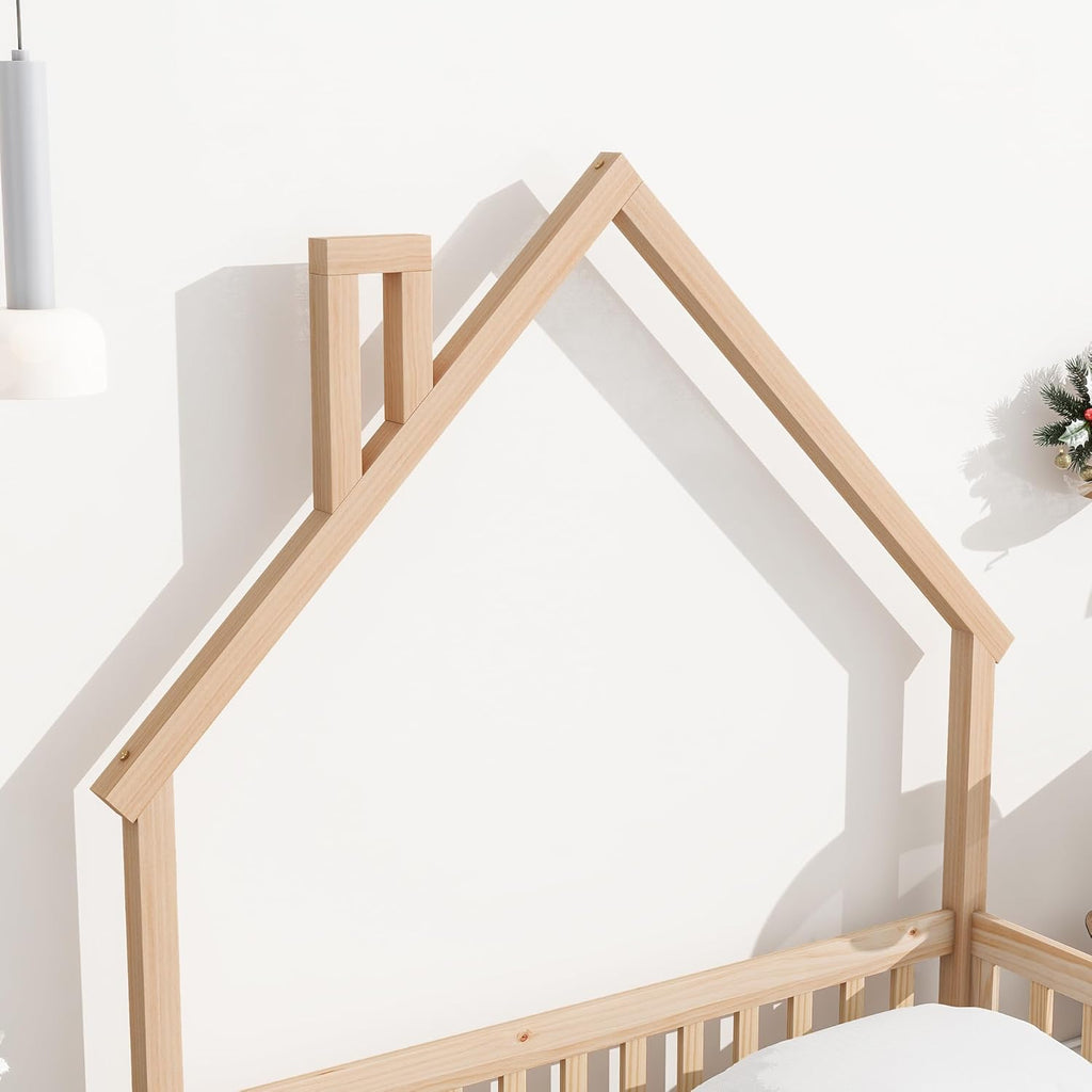 Natural Full Size Floor Bed Frame with Fence and Door R130992