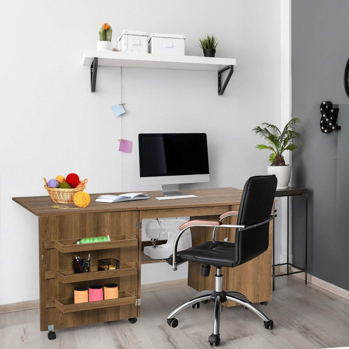 Folding Sewing Craft Table with Storage Cabinet and Wheels Natural A4565