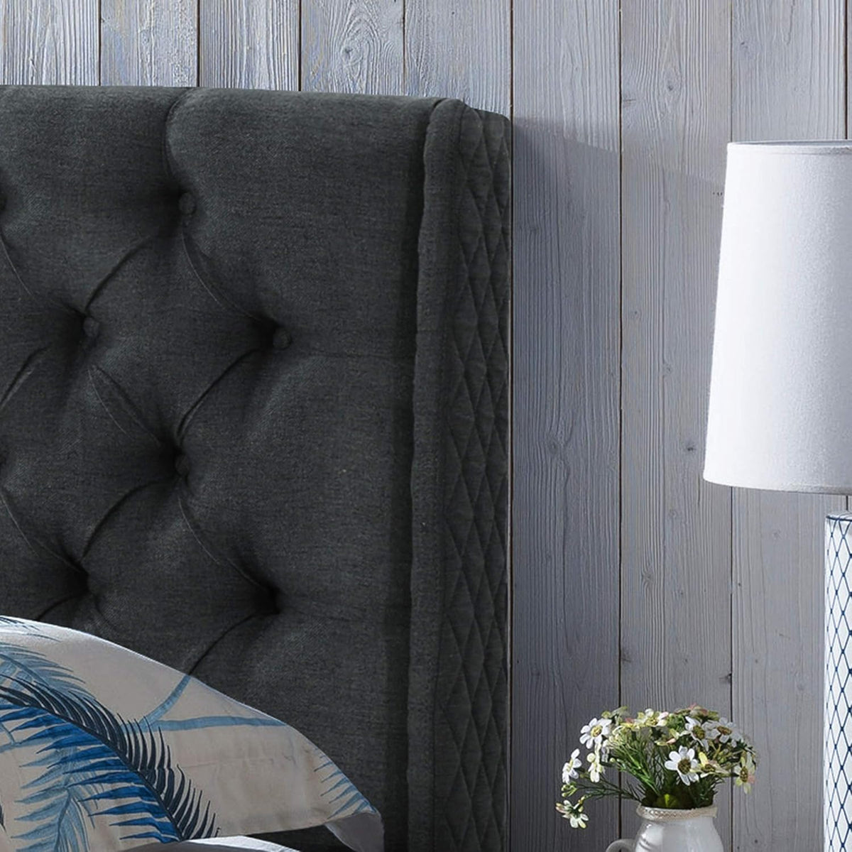 Queen Dark Gray Black Tufted Fabric Headboard N56187
