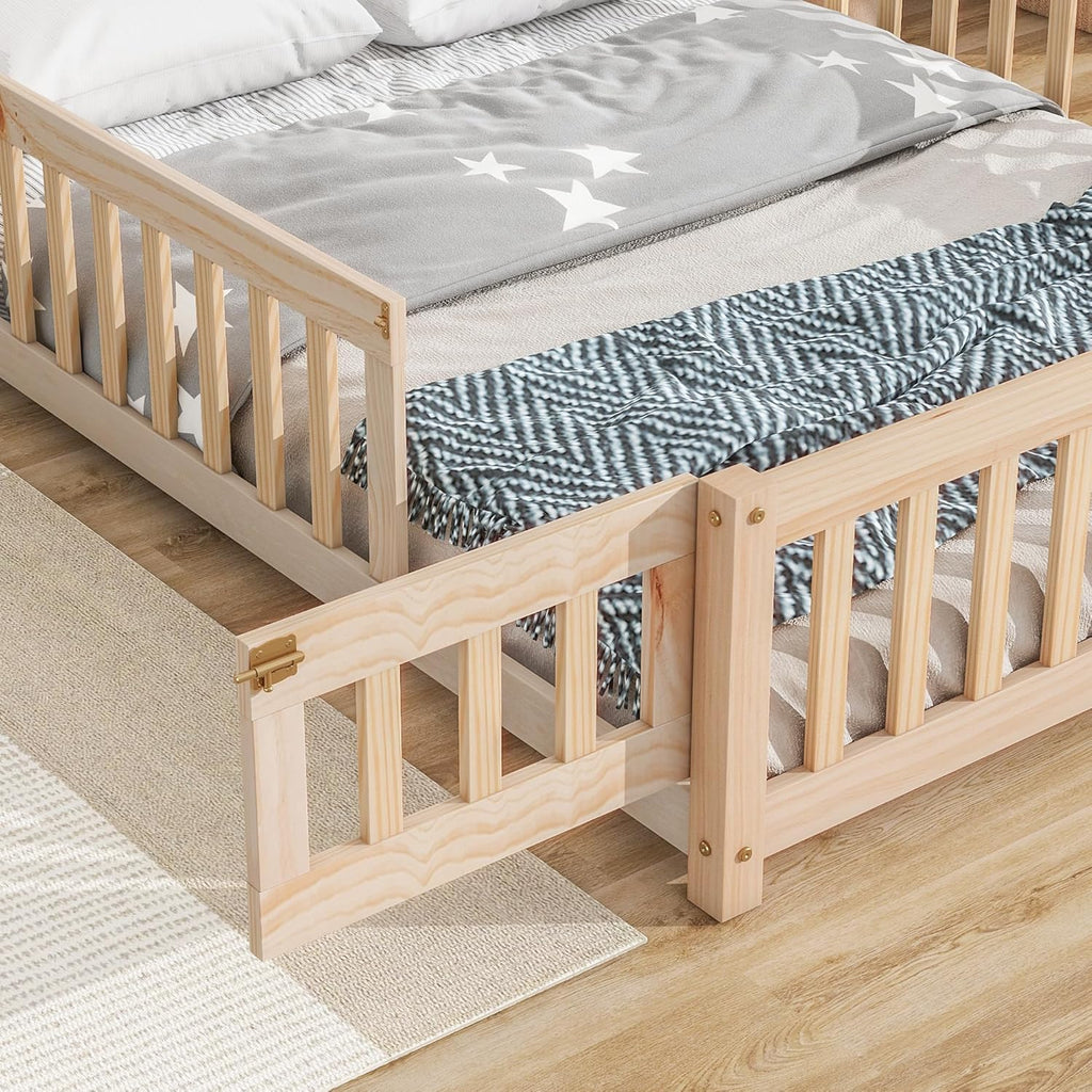Natural Full Size Floor Bed Frame with Fence and Door R130992