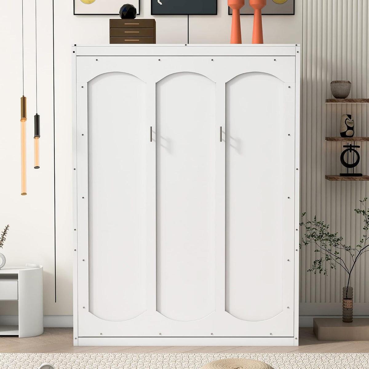 White Full Size Murphy Frame with Cabinet Drawers and Storage Shelves B5444