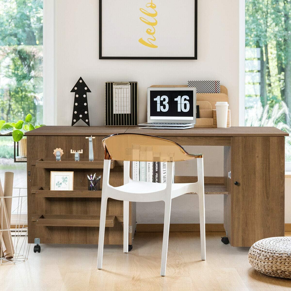 Folding Sewing Craft Table with Storage Cabinet and Wheels Natural A4565