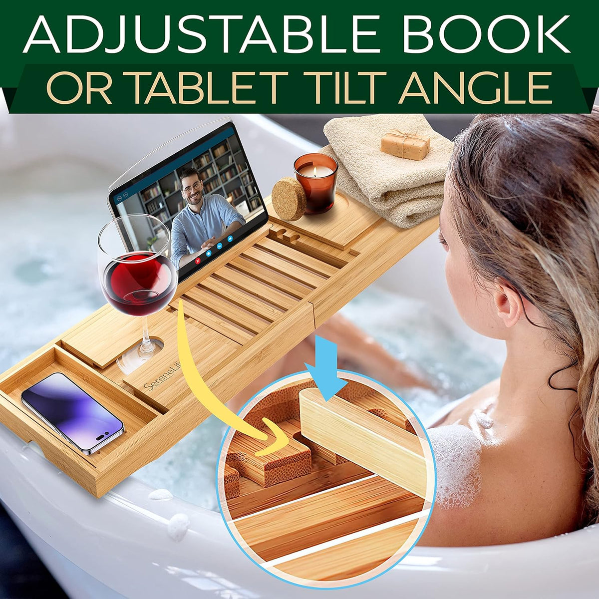Bamboo Bathtub Caddy Tray with Wine Holder S4582