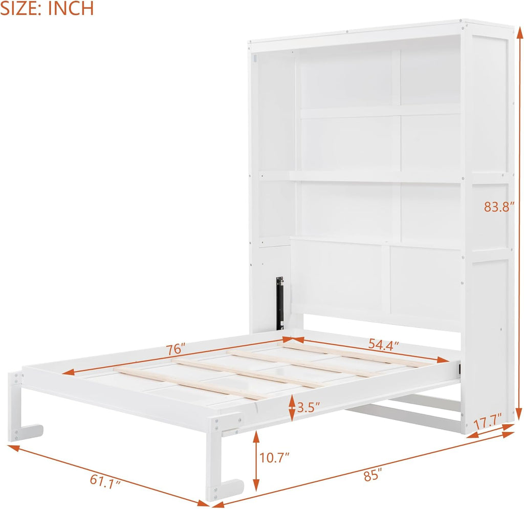 White Full Size Murphy Frame with Cabinet Drawers and Storage Shelves B5444