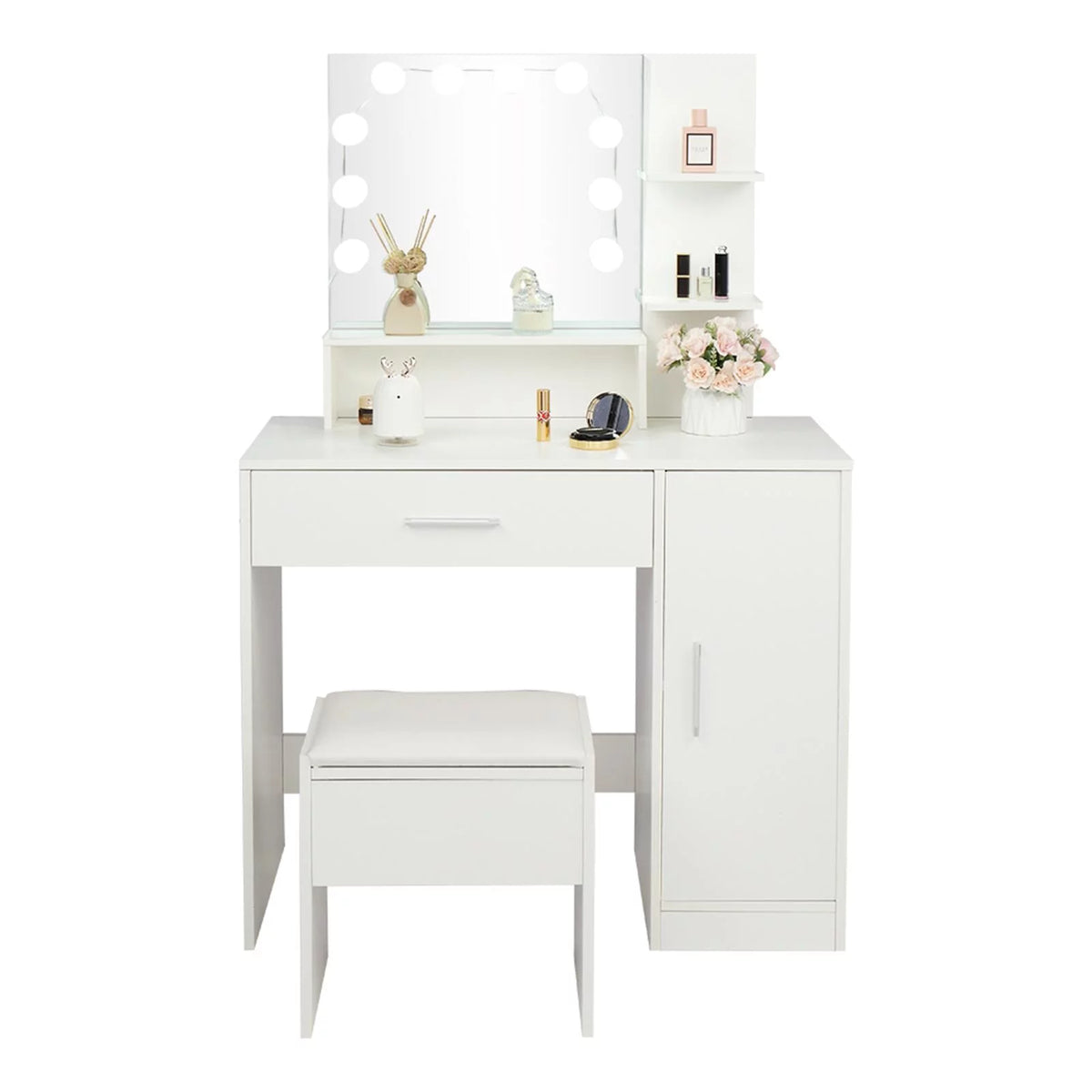 White Vanity Set with Lighted Mirror, Stool and Storage Shelves S892758