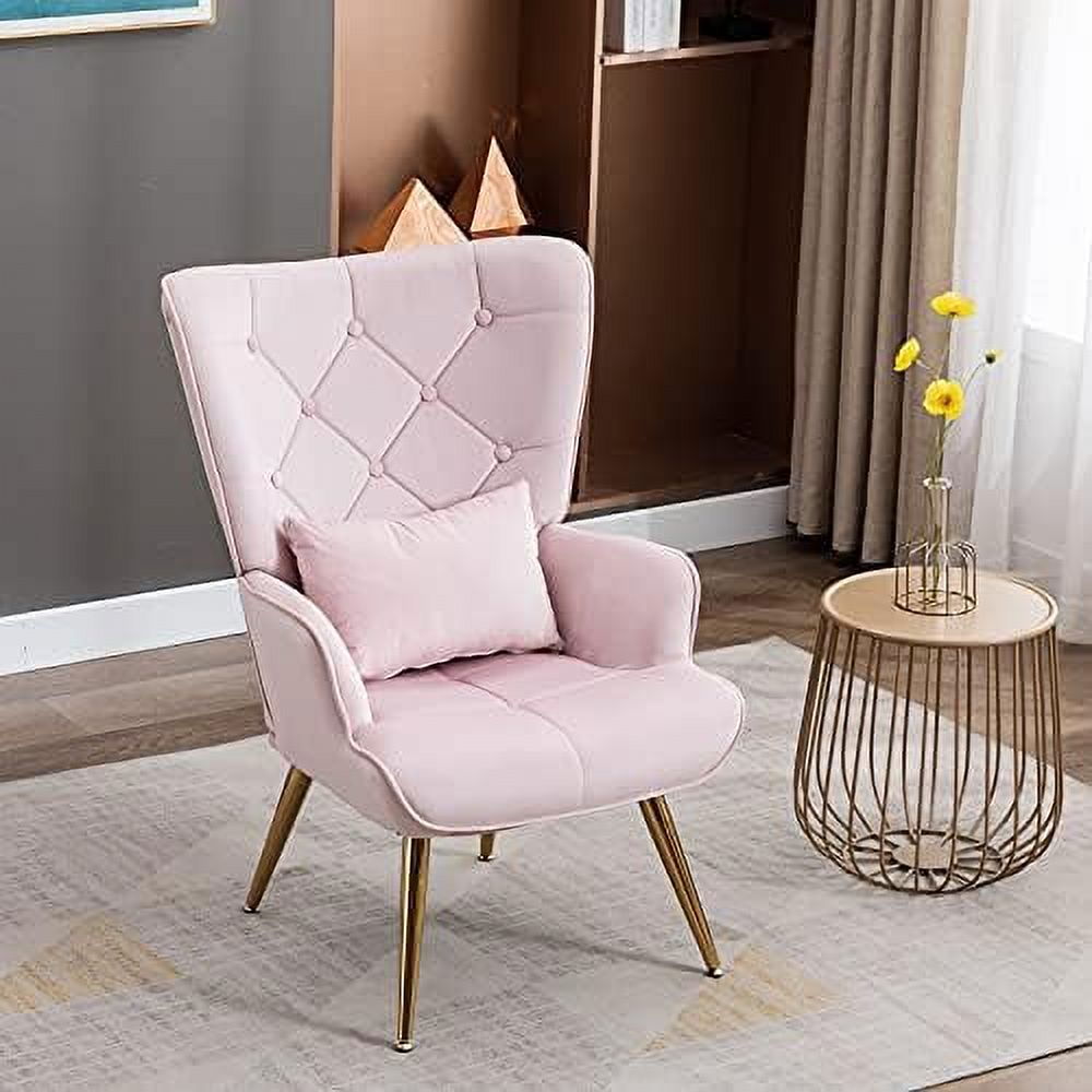 Velvet Buttoned Accent Arm Lounge Chair with Golden Plated Metal Legs & Pillow High Wingback Chair E990567