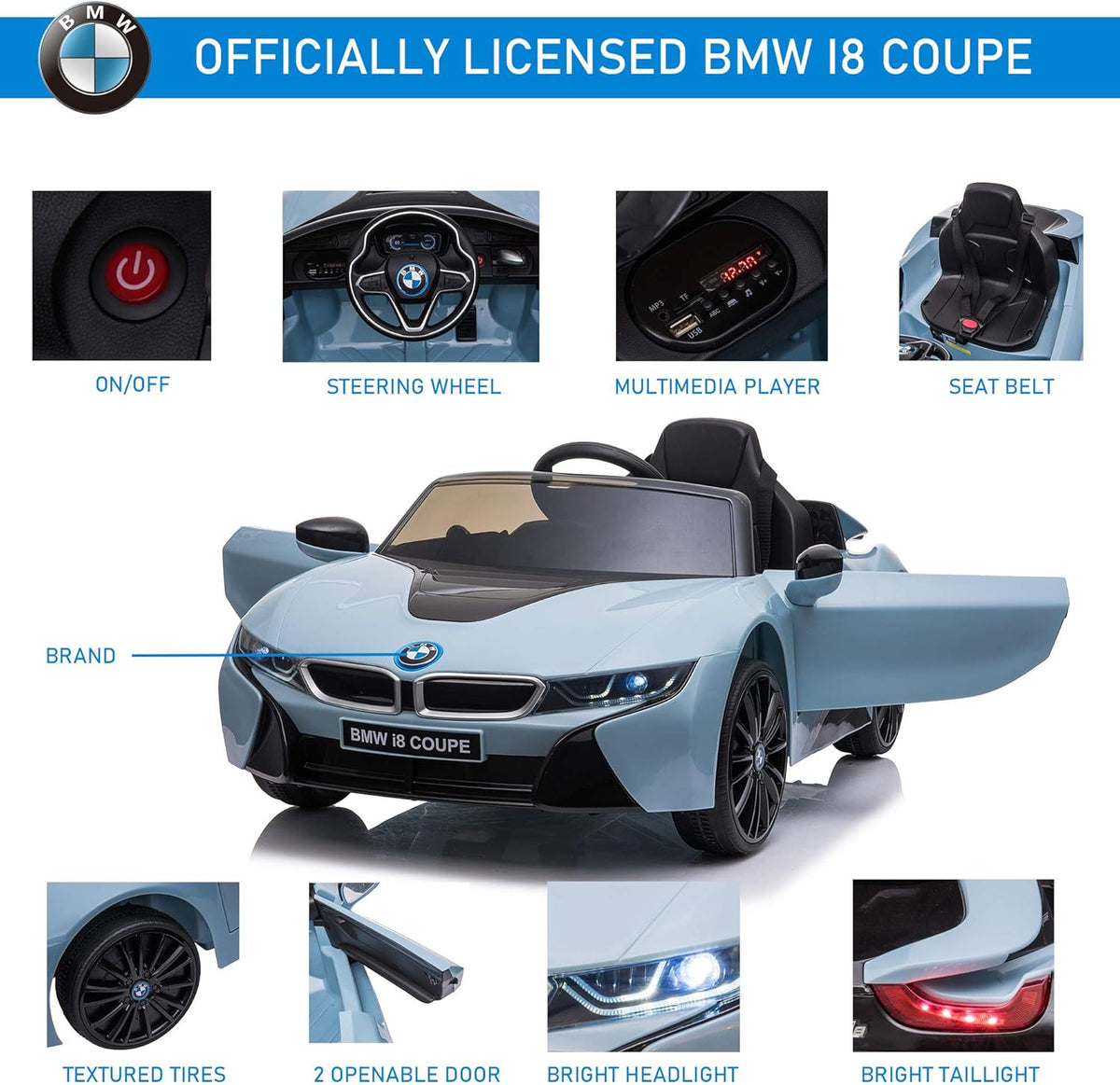 Blue BMW I8 Coupe Electric Kids Ride-On Car 6V Battery Powered Toy with Remote Control Q861524