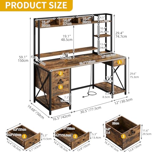 Rustic Brown Computer Desk with Drawers and Hutch K131829