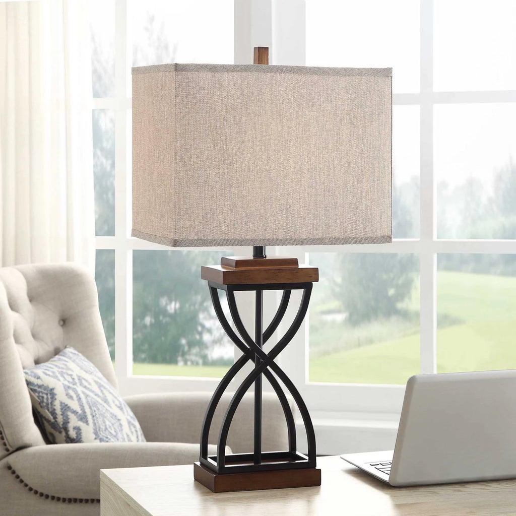 Black Wood Table Lamp with Beige Fabric Shade M906