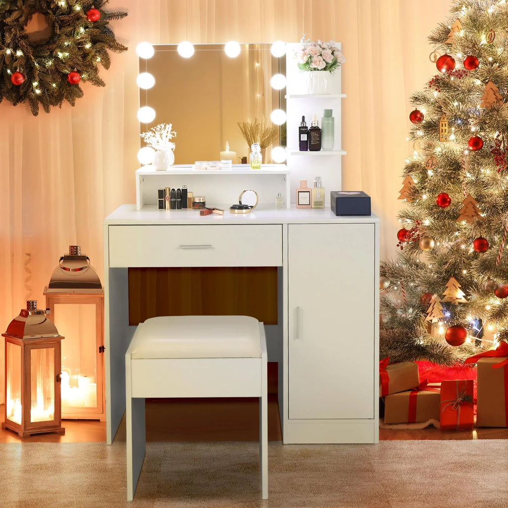 White Vanity Set with Lighted Mirror, Stool and Storage Shelves S892758