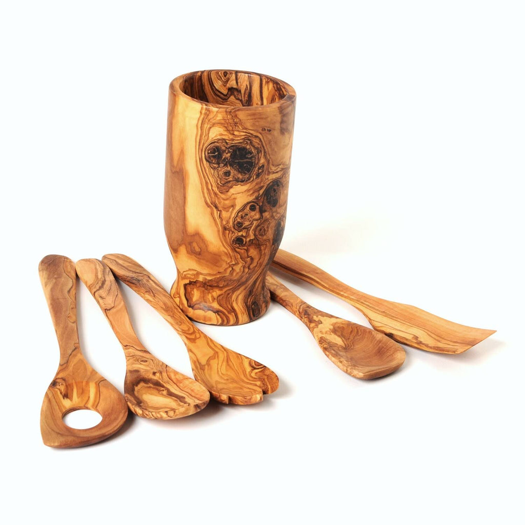 Hand Carved Utensil Holder and 6 Piece Kitchen Tool Set C387675
