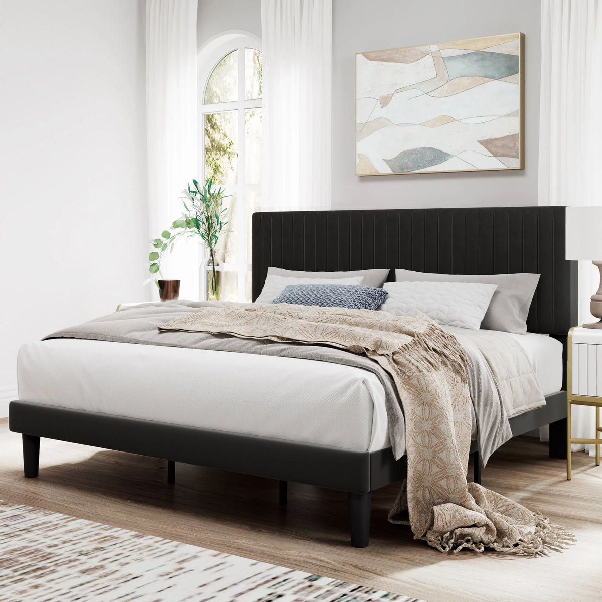 Pink Queen Size Upholstered Platform Bed Frame with Velvet Headboard N2816