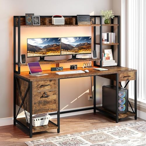 Rustic Brown Computer Desk with Drawers and Hutch K131829