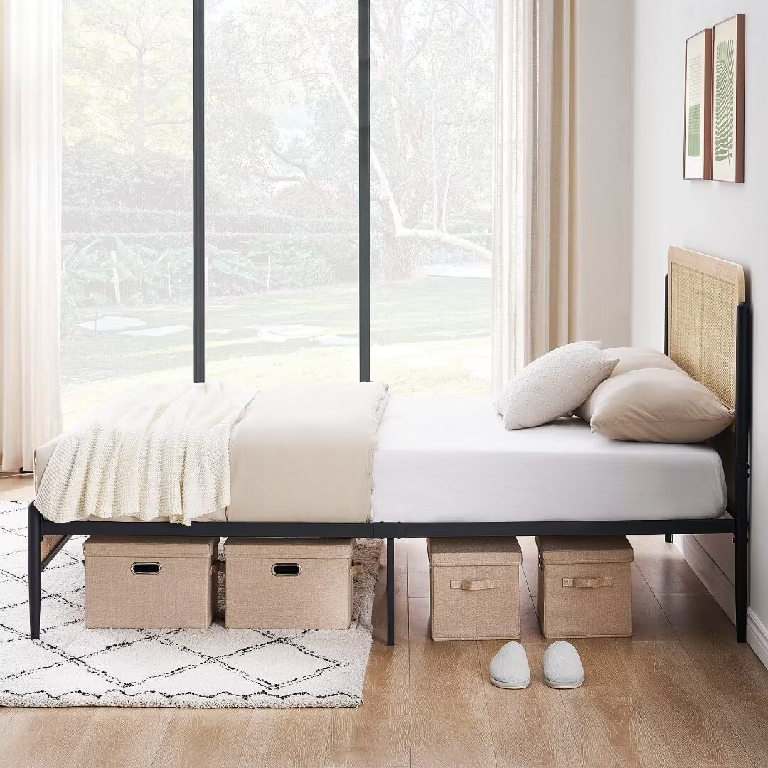 Queen Size Metal Platform Bed Frame with Rattan Headboard M839893