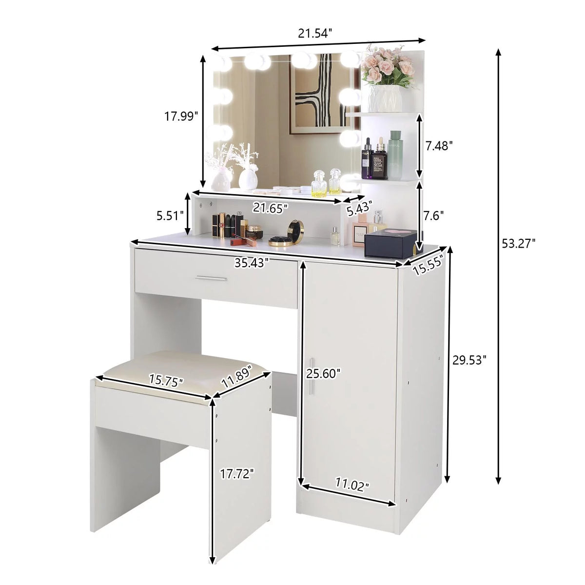 White Vanity Set with Lighted Mirror, Stool and Storage Shelves S892758