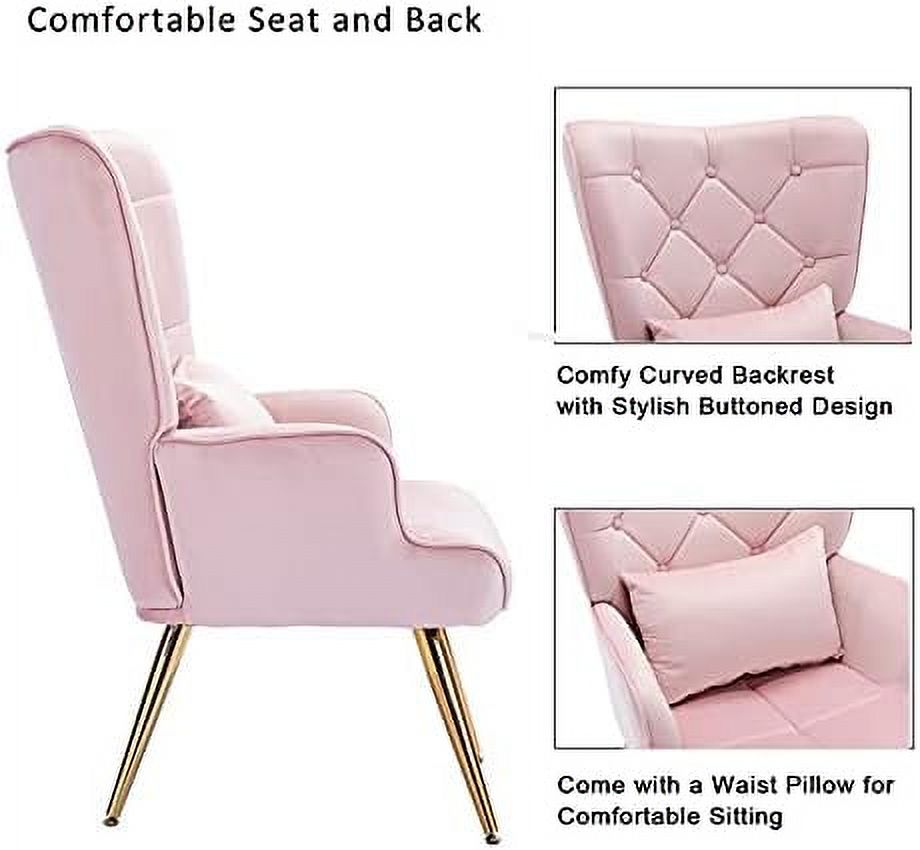 Velvet Buttoned Accent Arm Lounge Chair with Golden Plated Metal Legs & Pillow High Wingback Chair E990567