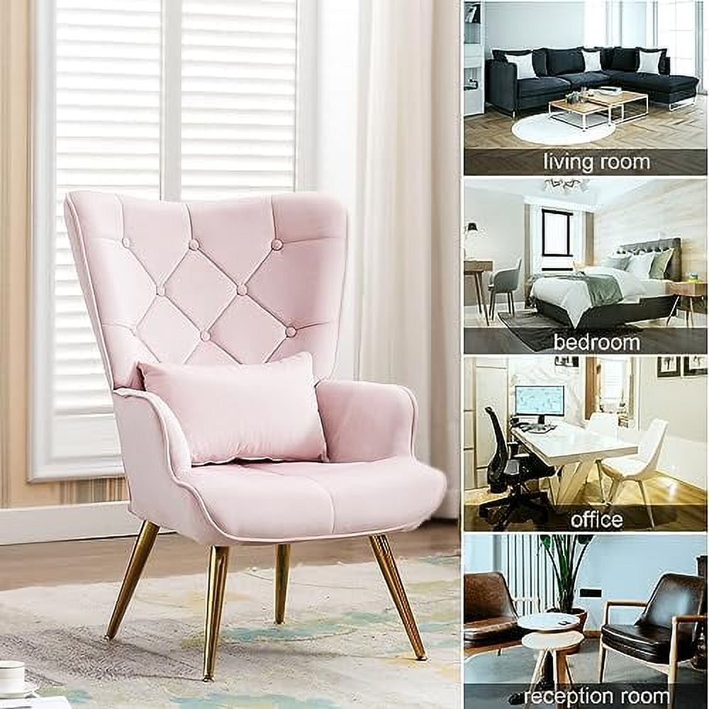 Velvet Buttoned Accent Arm Lounge Chair with Golden Plated Metal Legs & Pillow High Wingback Chair E990567