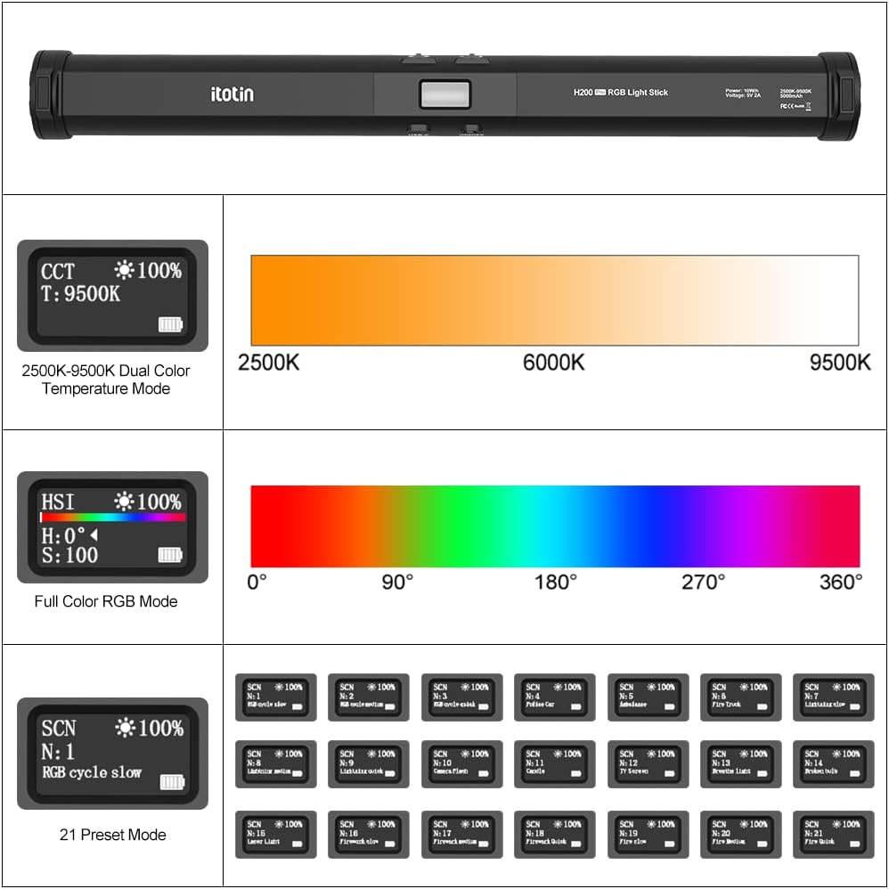 RGB LED Video Light Wand, Portable Studio Lighting, Magnetic Design, Rechargeable Battery, Pack of 2 M28404