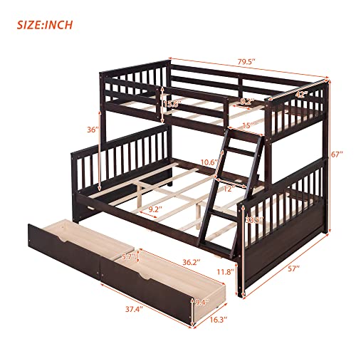 Full Over Full Wood Bunk Bed with Twin Trundle and 4 Drawer E2392