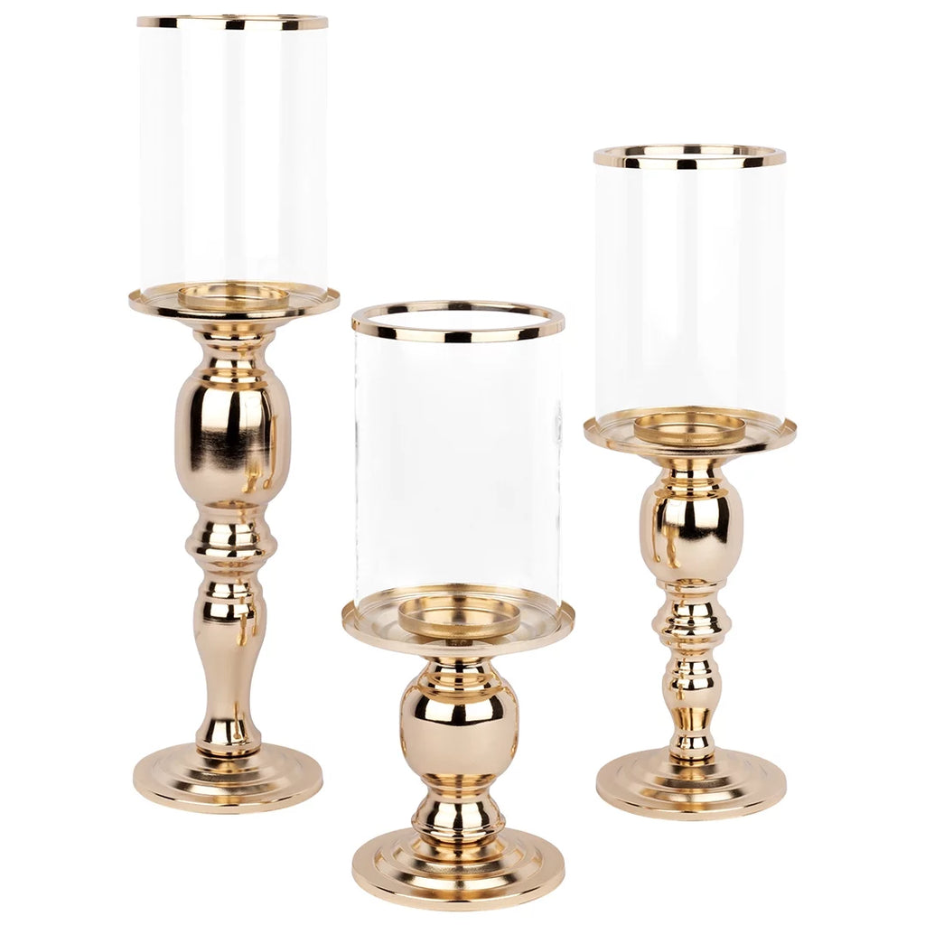 Copper Pillar Candle Holders With Hurricane Glass, Set of 3 P273