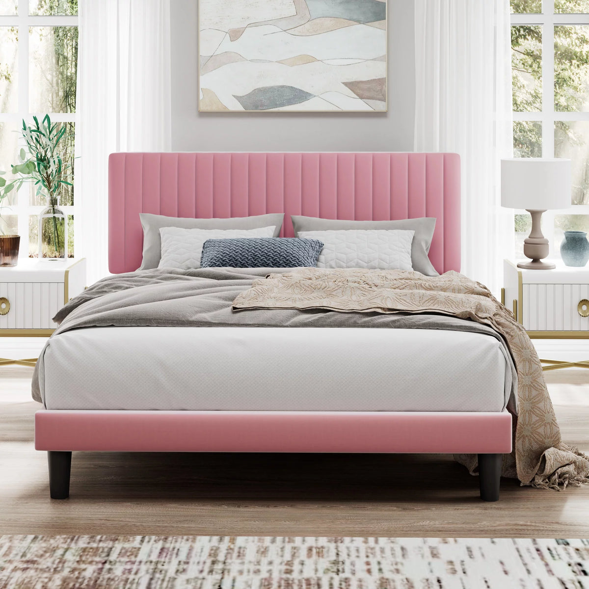 Pink Queen Size Upholstered Platform Bed Frame with Velvet Headboard N2816