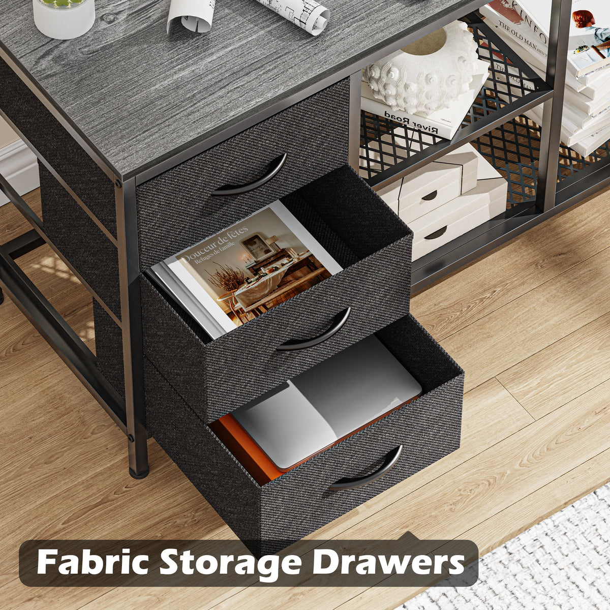 L Shaped Desk with Power Outlets, Fabric Drawer & Storage Shelves, Gray W4831
