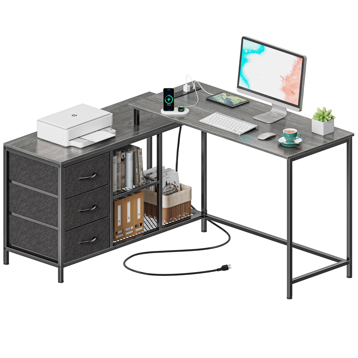 L Shaped Desk with Power Outlets, Fabric Drawer & Storage Shelves, Gray W4831