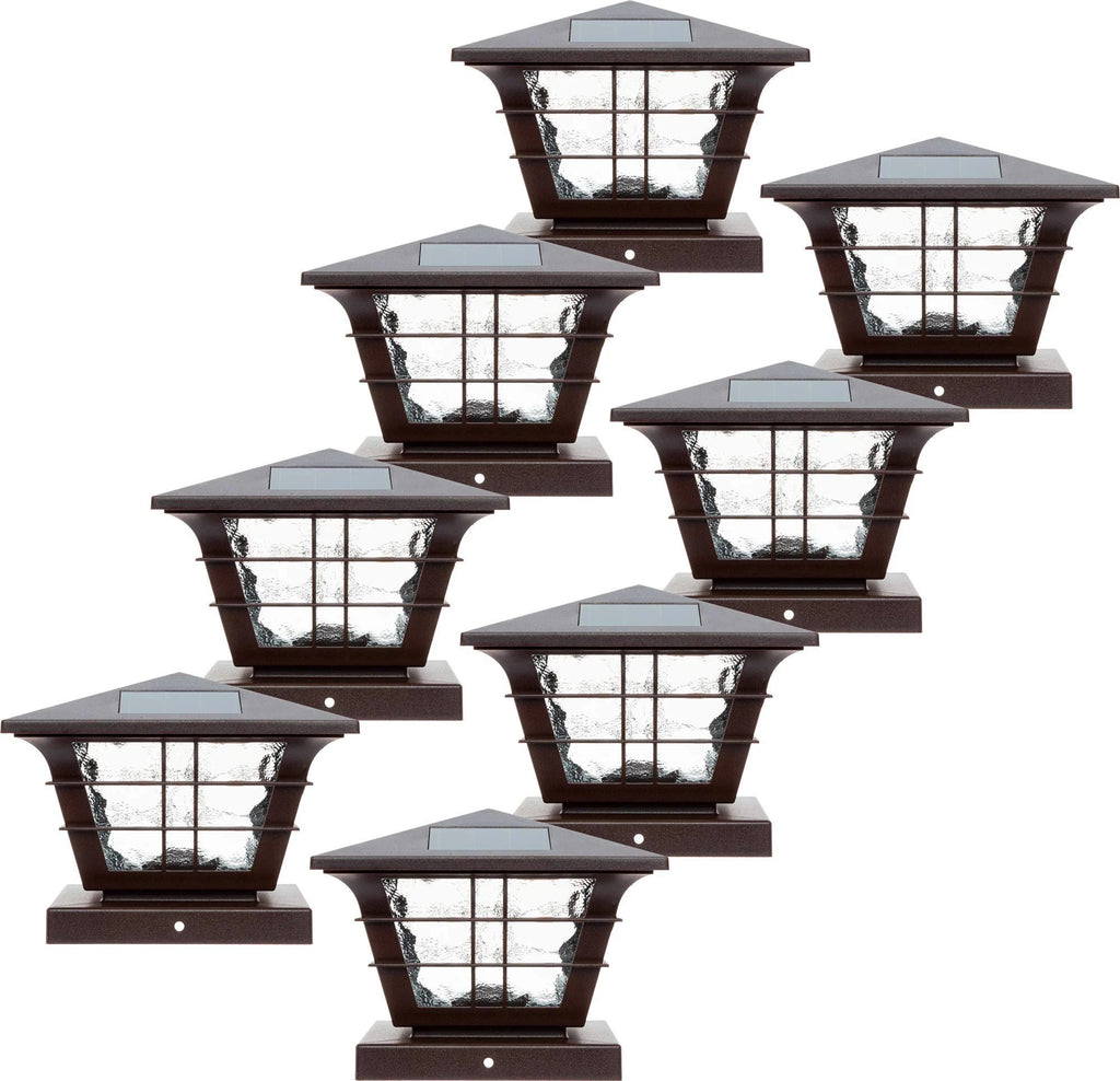 8 Pack 5x5 Solar Powered Post Cap Light with 4x4 Base Adapter (Brown) A737