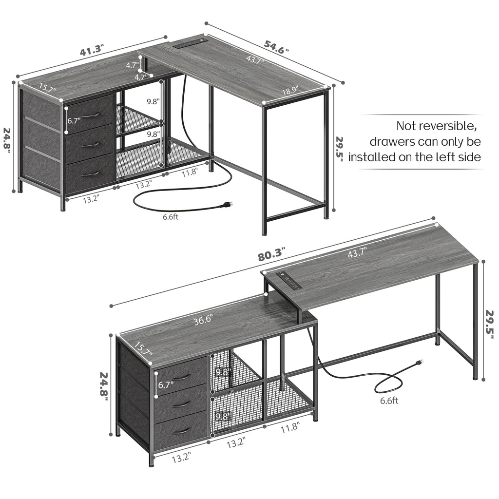 L Shaped Desk with Power Outlets, Fabric Drawer & Storage Shelves, Gray W4831