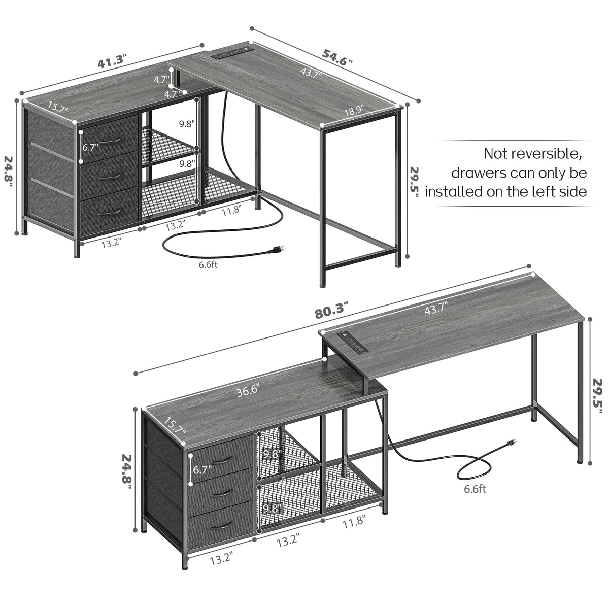 L Shaped Desk with Power Outlets, Fabric Drawer & Storage Shelves, Gray W4831
