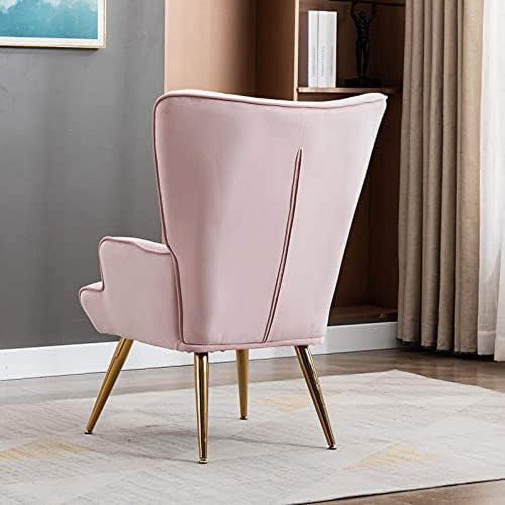 Velvet Buttoned Accent Arm Lounge Chair with Golden Plated Metal Legs & Pillow High Wingback Chair E990567