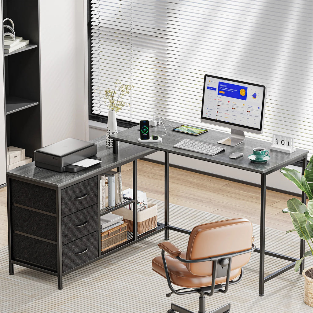 L Shaped Desk with Power Outlets, Fabric Drawer & Storage Shelves, Gray W4831